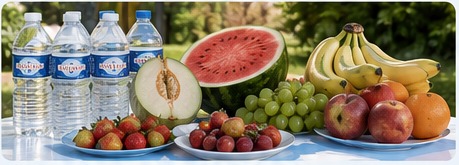 Fruits frais et bouteilles d'eau